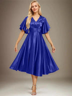 A-line V-Neck Tea-Length Stretch Satin Mother of the Bride Dress With Beading Pleated by Dreamylily