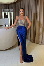 Glamorous Mermaid Square Neckline Satin Long Prom Dresses with Slit by BIZTUNNEL