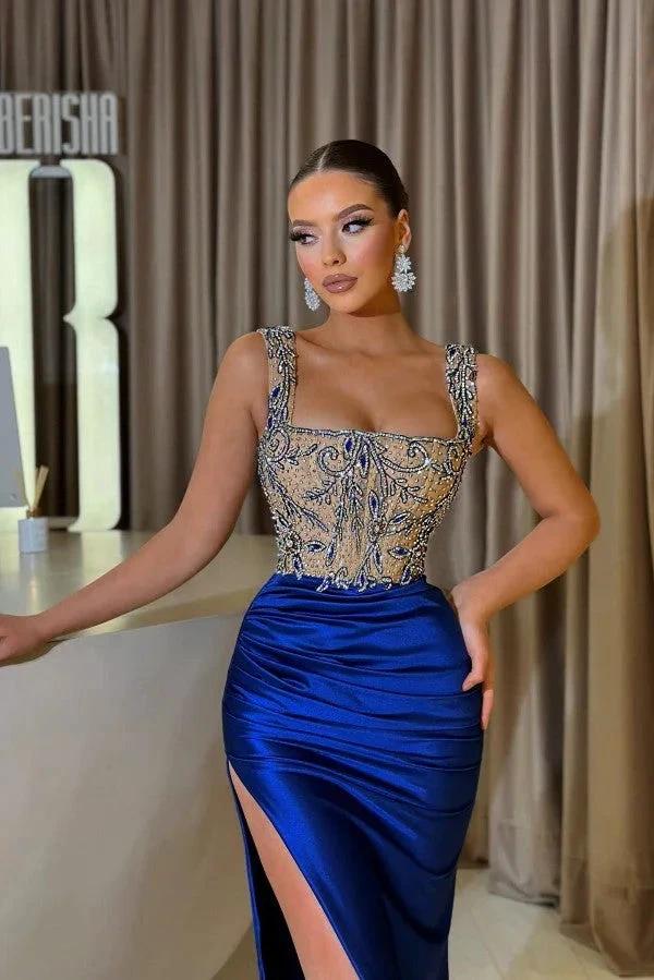 Glamorous Mermaid Square Neckline Satin Long Prom Dresses with Slit by BIZTUNNEL
