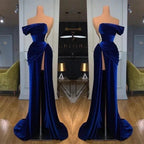 Royal Blue Off the shoulder Long Mermaid Velvet Prom Evening Dress with Split by BIZTUNNEL