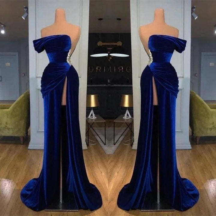 Royal Blue Off the shoulder Long Mermaid Velvet Prom Evening Dress with Split by BIZTUNNEL