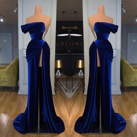 Royal Blue Off the shoulder Long Mermaid Velvet Prom Evening Dress with Split