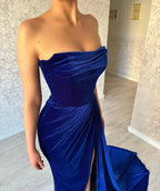 Royal Blue Split Front Strapless Ruffles Floor-Length Prom by misshow.com