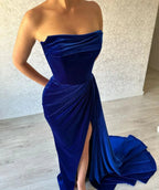 Royal Blue Split Front Strapless Ruffles Floor-Length Prom by misshow.com
