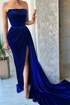Royal Blue Split Front Strapless Ruffles Floor-Length Prom by misshow.com