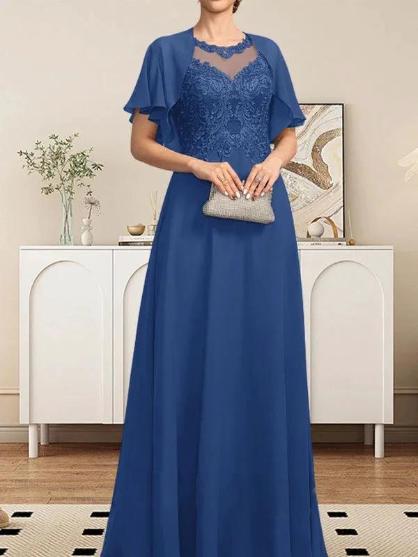 A-line Scoop Illusion Floor-Length Lace Chiffon Mother of the Bride Dress With Sequins by Dreamylily