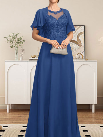 A-line Scoop Illusion Floor-Length Lace Chiffon Mother of the Bride Dress With Sequins