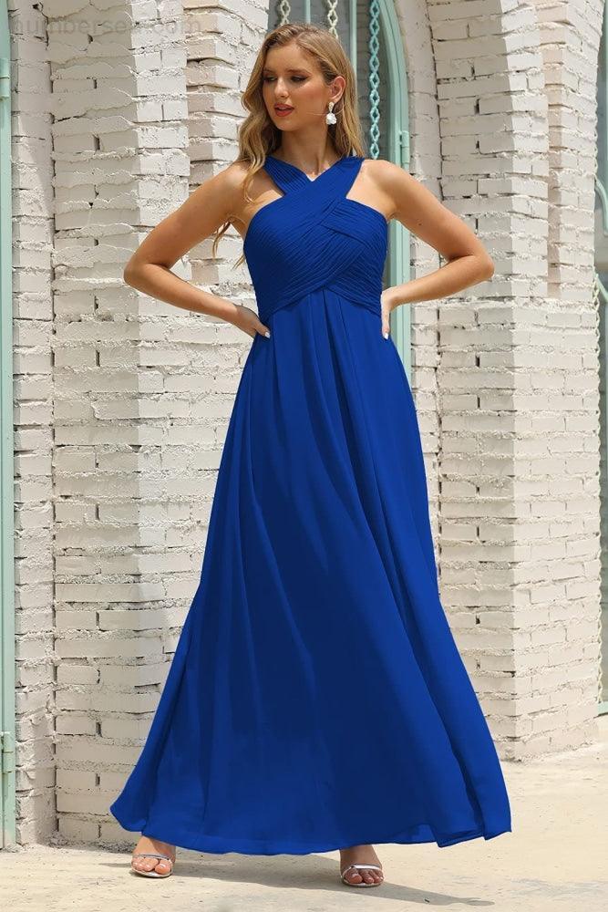 Vestido de dama de honor de gasa con cuello halter para mujer de Numbersea, corte A, largo, formal, para fiesta de graduación, SEA28015 
