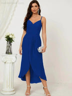 Numbersea Spaghetti Chiffon V Neck Bridesmaid Dress Mid-Length Slit Formal Prom Dress Homecoming Dress 2803 by numbersea