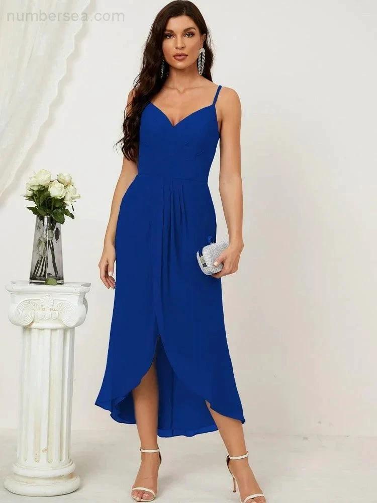 Numbersea Spaghetti Chiffon V Neck Bridesmaid Dress Mid-Length Slit Formal Prom Dress Homecoming Dress 2803 by numbersea