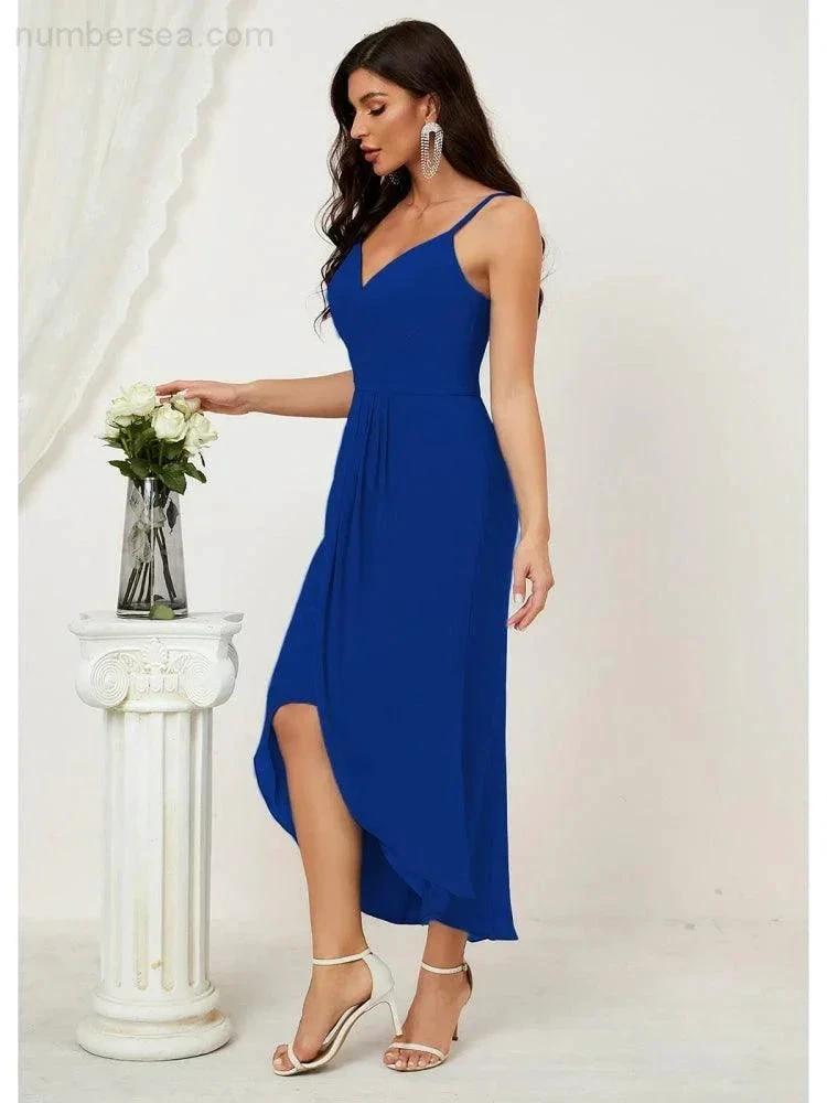 Numbersea Spaghetti Chiffon V Neck Bridesmaid Dress Mid-Length Slit Formal Prom Dress Homecoming Dress 2803 by numbersea