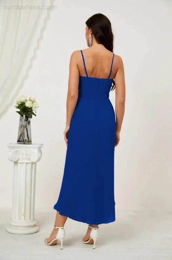 Numbersea Spaghetti Chiffon V Neck Bridesmaid Dress Mid-Length Slit Formal Prom Dress Homecoming Dress 2803 by numbersea