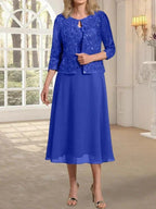 A-line Scoop Tea-Length Lace Chiffon Mother of the Bride Dress With Sequins by Dreamylily