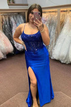 Royal Blue Lace-Up Mermaid Satin Long Prom Dress with Slit PSK512 by pgmdress