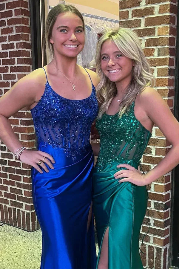 Royal Blue Lace-Up Mermaid Satin Long Prom Dress with Slit PSK512