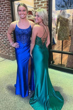 Royal Blue Lace-Up Mermaid Satin Long Prom Dress with Slit PSK512 by pgmdress