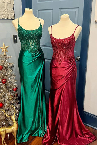 Vestido de fiesta largo de satén estilo sirena con cordones y abertura en azul real PSK512