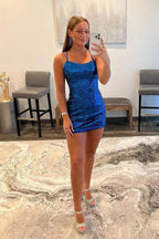 Royal Blue Sequin Bodycon Mini Homecoming Dress Short Prom Dress PD459 by pgmdress