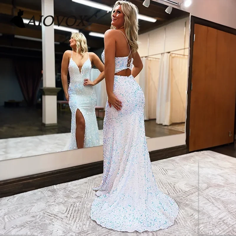 Royal Blue Sequin Prom Dress Split SYP109 by vivymakudress