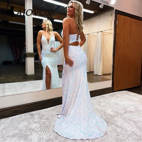 Vestido de fiesta con lentejuelas azul rey y abertura SYP109