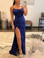 Glitter Sequin Prom Dress with Slit Scoop Neck Prom Dress SYP171 by vivymakudress