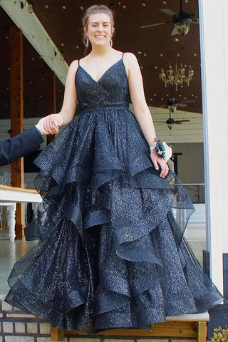 Königsblaues, glitzerndes, mehrlagiges Ballkleid aus Tüll mit V-Ausschnitt, PSK510