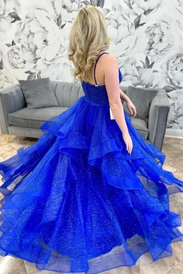 Royal Blue Sparkle Tulle V-Neck Multi-Layer Long Prom Dress PSK510 by pgmdress