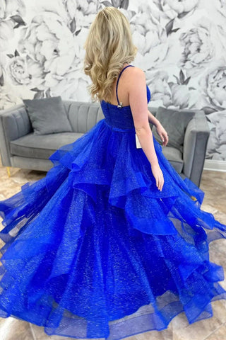 Königsblaues, glitzerndes, mehrlagiges Ballkleid aus Tüll mit V-Ausschnitt, PSK510