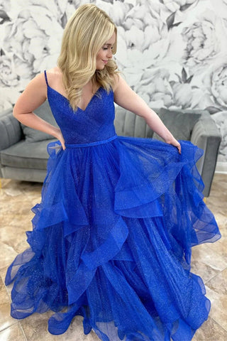 Königsblaues, glitzerndes, mehrlagiges Ballkleid aus Tüll mit V-Ausschnitt, PSK510