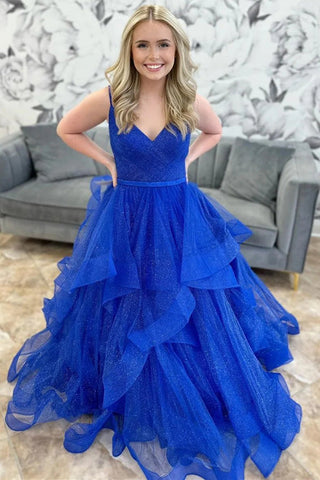 Königsblaues, glitzerndes, mehrlagiges Ballkleid aus Tüll mit V-Ausschnitt, PSK510