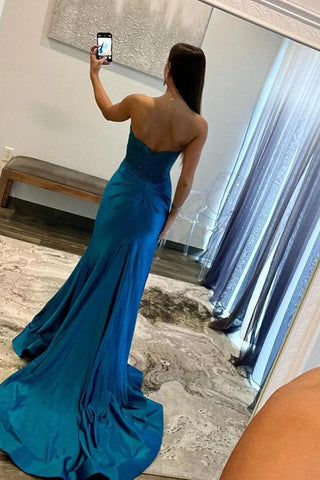 Vestidos de fiesta de sirena azul real sin tirantes y de noche PSK509