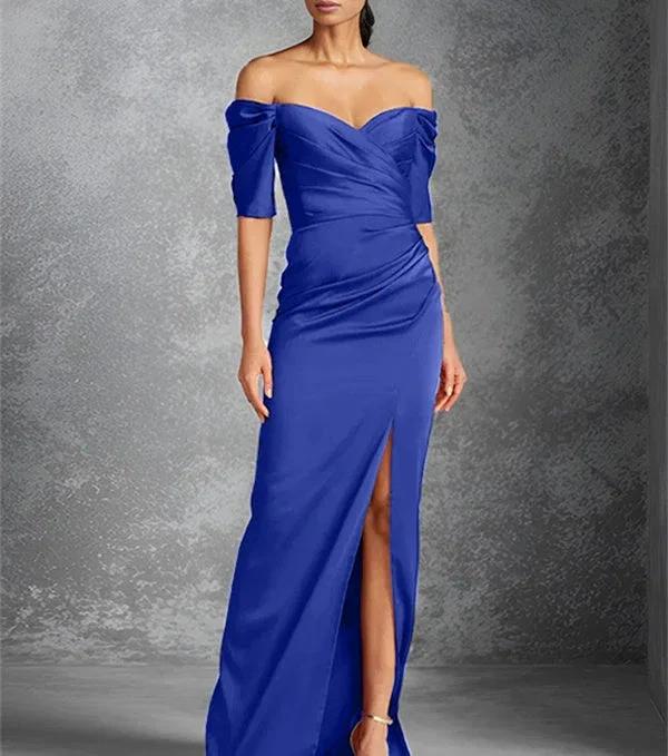 Sheath/Column Off-the-Shoulder Short Sleeves Floor-Length Mother of the Bride Dresses With Split Front by Dreamylily