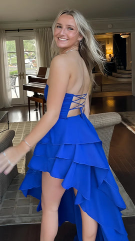 Vestido de fiesta azul real con corsé, sin tirantes y volantes, SYP188