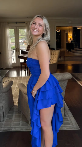 Vestido de fiesta azul real con corsé, sin tirantes y volantes, SYP188