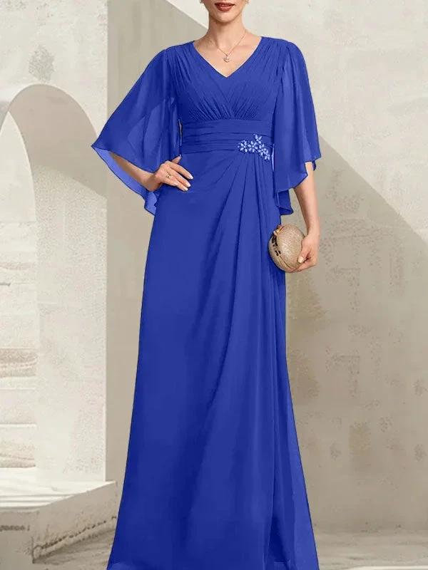 Sheath/Column V-Neck Floor-Length Chiffon Mother of the Bride Dress With Pleated Sequins Beading by Dreamylily