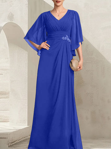 Vestido de gasa para madre de la novia, con escote en V, largo hasta el suelo, con lentejuelas plisadas y abalorios