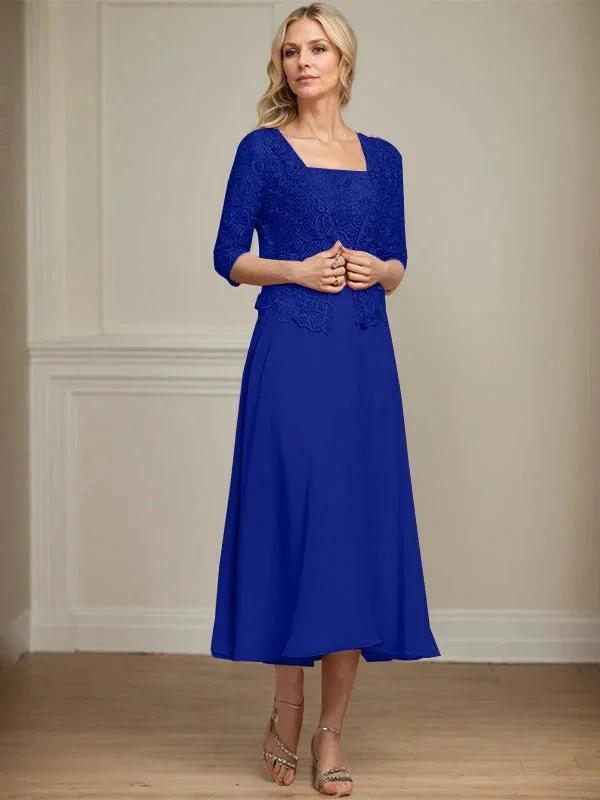 A-line Square Tea-Length Chiffon Lace Mother of the Bride Dress With Sequins Beading by Dreamylily