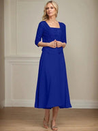 A-line Square Tea-Length Chiffon Lace Mother of the Bride Dress With Sequins Beading by Dreamylily
