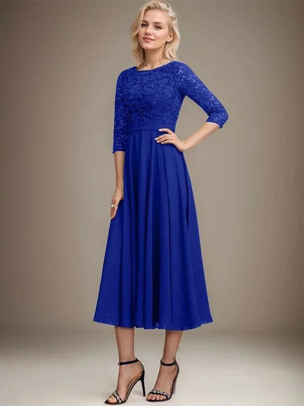 A-line Scoop Tea-Length Lace Chiffon Mother of the Bride Dress With Sequins by Dreamylily