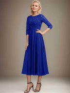 A-line Scoop Tea-Length Lace Chiffon Mother of the Bride Dress With Sequins by Dreamylily