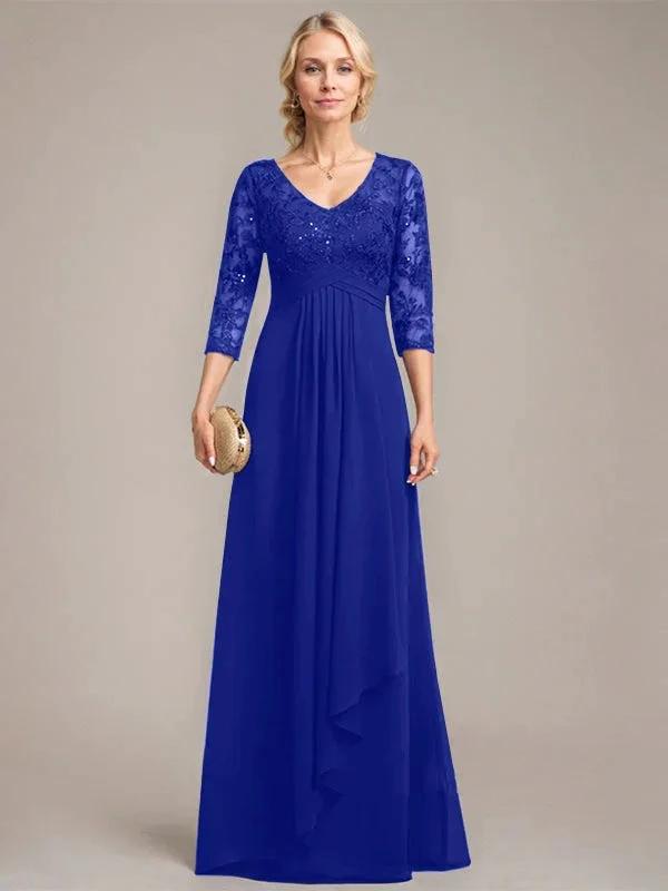 A-line V-Neck Floor-Length Lace Chiffon Mother of the Bride Dress With Cascading Ruffles Sequins by Dreamylily