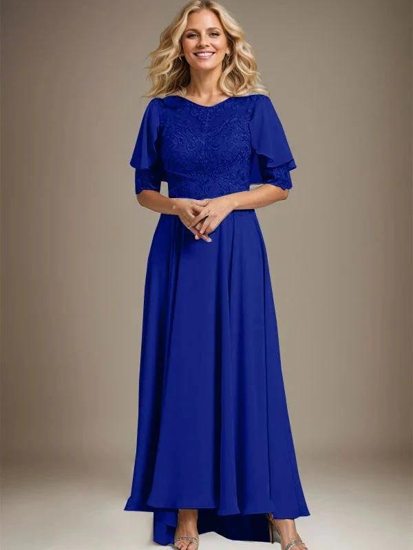 A-line Scoop Illusion Asymmetrical Chiffon Lace Mother of the Bride Dress With Beading by Dreamylily