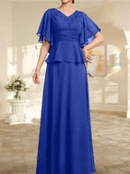 A-line V-Neck Floor-Length Chiffon Mother of the Bride Dress With Pleated Beading by Dreamylily