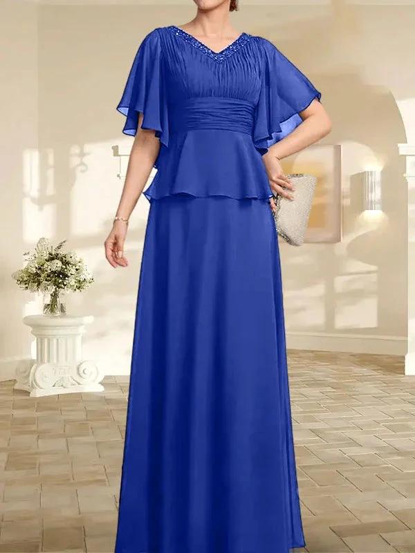 A-line V-Neck Floor-Length Chiffon Mother of the Bride Dress With Pleated Beading by Dreamylily