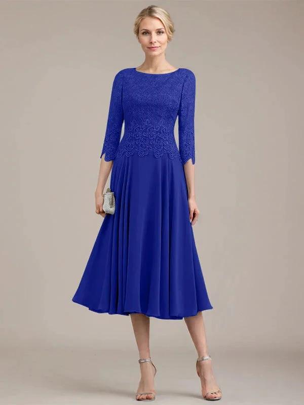 A-line Scoop Tea-Length Lace Chiffon Mother of the Bride Dress by Dreamylily