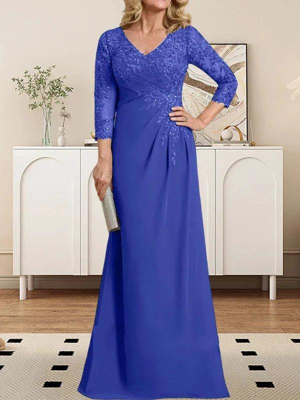 Sheath/Column V-Neck Illusion Floor-Length Lace Chiffon Mother of the Bride Dress With Pleated Sequins by Dreamylily