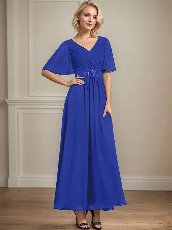 A-line V-Neck Ankle-Length Chiffon Mother of the Bride Dress With Pleated Beading Sequins by Dreamylily