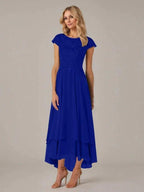 A-line Boat Neck Illusion Asymmetrical Chiffon Lace Mother of the Bride Dress With Applique Pleats by Dreamylily