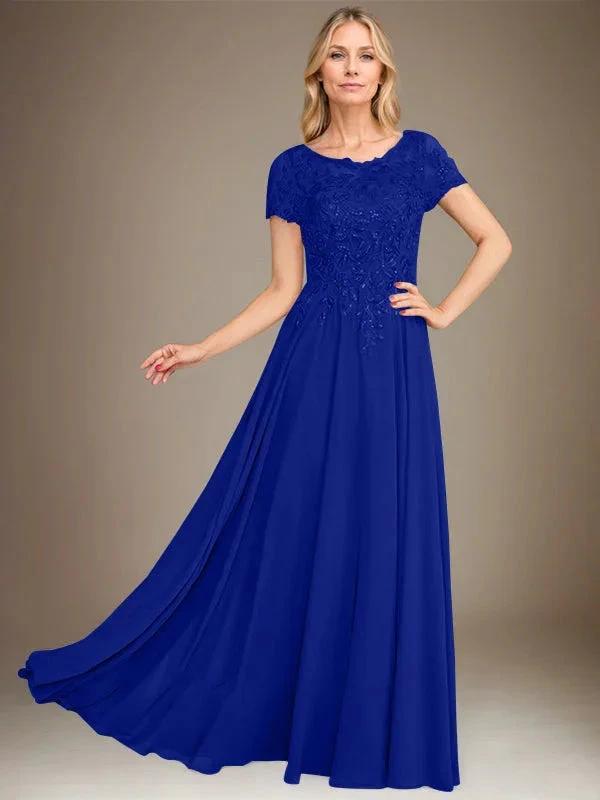 A-Line Scoop Floor-Length Chiffon Mother of the Bride Dress With Applique & Sequins by Dreamylily