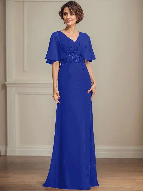 A-line V-Neck Floor-Length Chiffon Mother of the Bride Dress With Pleated Sequins Appliques Lace by Dreamylily
